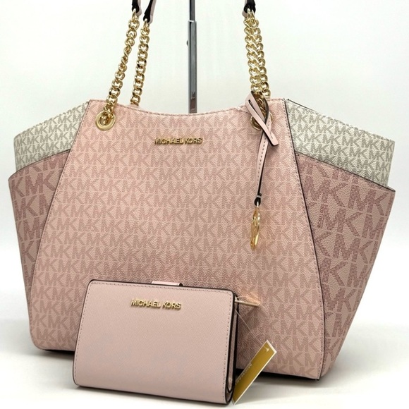 Michael Kors Large JST Chain Shoulder Bag & Bifold Zip Chain Wallet Powder - Picture 1 of 13